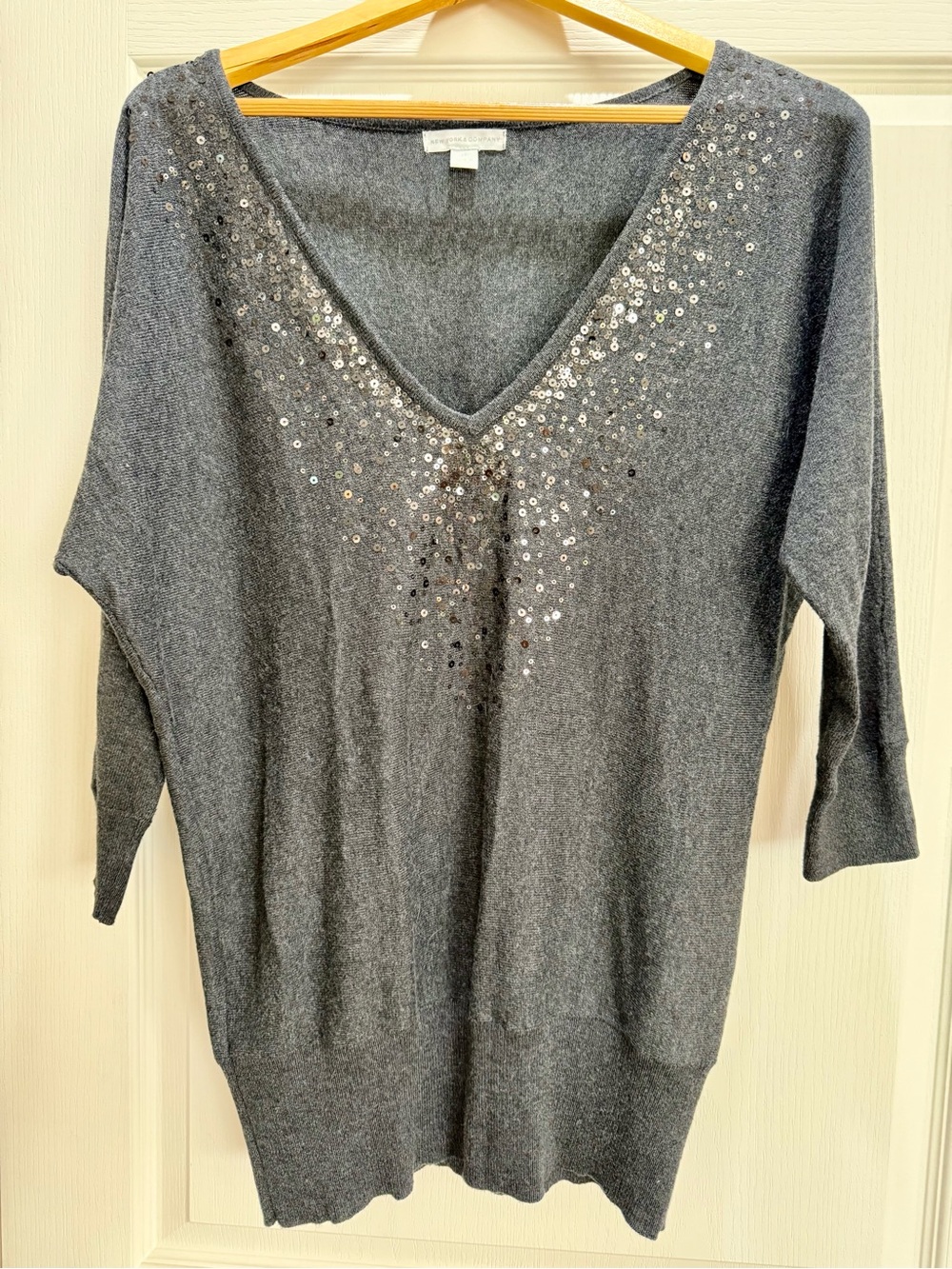 New York & Company Gray Sequin V‑Neck Sweater